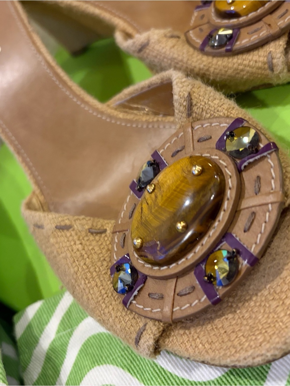 Prada Beige Tan Slide Mules with Amber & Purple Jewel Detail - Picture 7 of 8